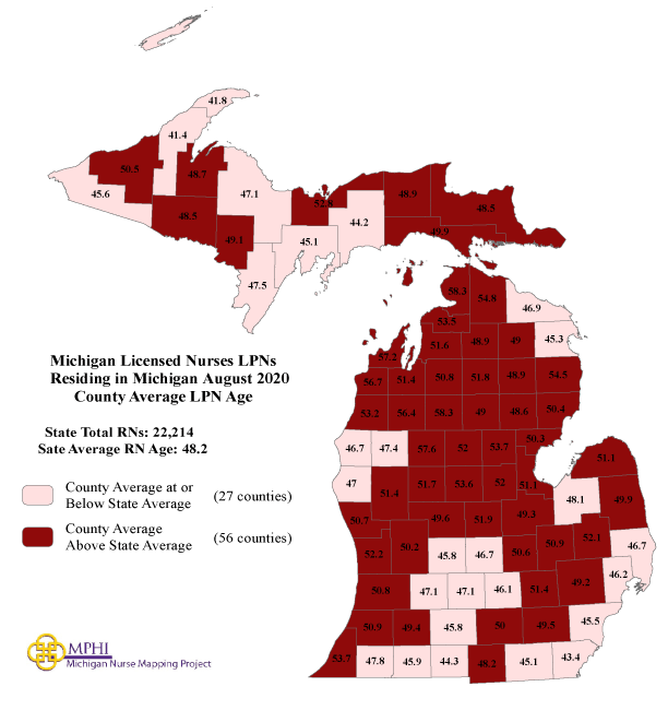 map depicting LPN mean age by county in 2020